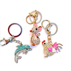 Rooster, Mouse and dolphin Rhinestone Keychains Handbag Charm Key Chain - Set